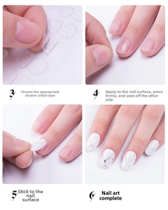 Step-by-step macro guide showing how to apply transparent adhesive tabs to marble press-on nails