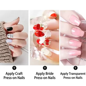 Three styles of press-on nails including black checkers, bridal bows, and minimalist pink
