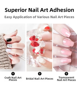 Detail of three nail styles: black checkers, red with bows, and natural pink adhesive tabs