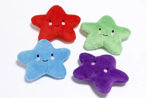 Detailed view of plush star pet toys in four colors with embroidered facial features