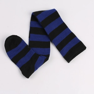 Detailed view of knitted over-knee high socks featuring classic black and blue stripes