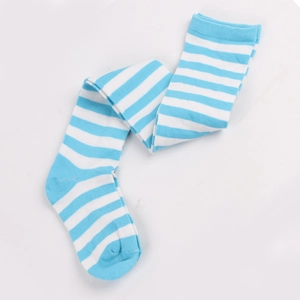 Detailed view of blue and white striped cotton-blend over-the-knee socks for women