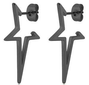 Detail of minimalist black stainless steel earrings with elongated star-shaped geometric design