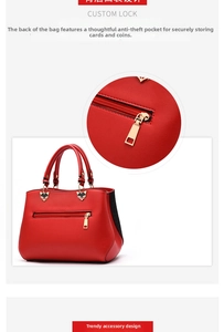 Detail of red PU leather bag showing back anti-theft zipper pocket and gold hardware