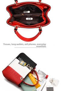 Internal view of women's crocodile pattern tote bag showing multi-pocket compartments