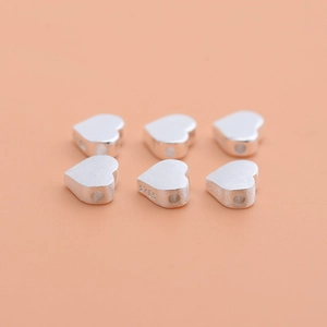 Set of six S925 sterling silver heart-shaped beads with brushed finish for DIY jewelry