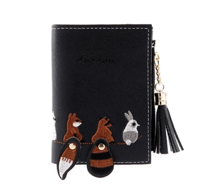 Close-up of black PU leather wallet with cute animal embroidery and tassel zipper detail