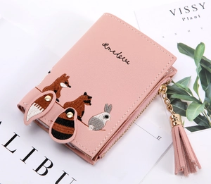 Detailed embroidery of fox and rabbit on pink PU leather wallet with tassel zipper