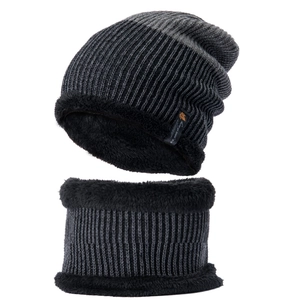 Close-up of winter knit beanie and neck warmer with thick faux fleece lining