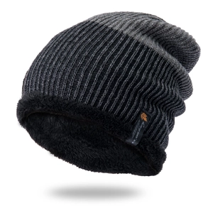 Winter knitted beanie for men featuring thick fleece lining and black-grey textured ribs
