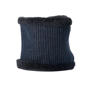 Close-up of navy rib-knit winter neck warmer with thick black fleece lining texture