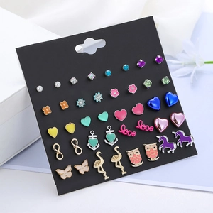 Detail of 20 pairs fashion alloy stud earrings set with animal and floral motifs