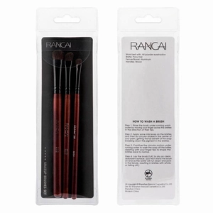 Detailed view of 3 pony hair eyeshadow brushes with wooden handles and aluminum tubes
