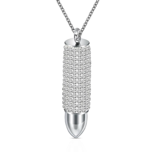 Silver bullet pendant necklace in stainless steel with sparkling diamond zircon inlay