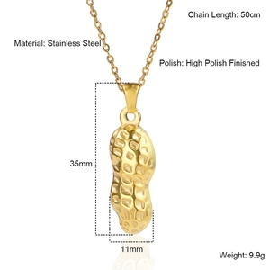 Detailed specs of peanut pendant necklace with dimensions and polished stainless steel info