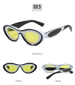 Three-way view of retro black and white sunglasses with transparent yellow lenses