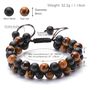Tiger eye and matte black stone double row braided bracelet with adjustable cord