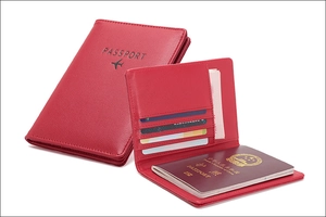 Internal layout of red leather RFID passport wallet showing card slots and compartments