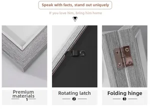 Detail of grey wood grain finish, back rotary clips and metal hinges on a tri-fold frame