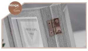 Detail of high-quality metal hinge on a gray wood grain tri-fold 4x6 photo frame