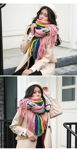 Close-up of rainbow striped tassel scarf in faux cashmere with soft fiber texture