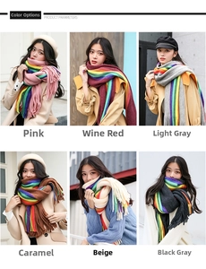 Detailed color options of rainbow striped scarves with fringe tassels in six different shades
