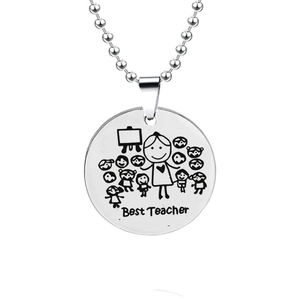 Silver stainless steel round necklace with engraved Best Teacher cartoon illustration