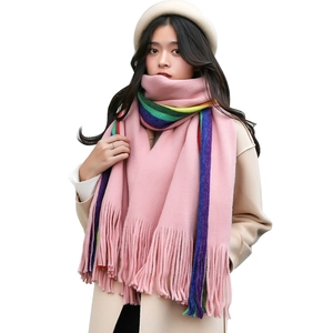 Pink double-sided cashmere-like scarf with rainbow stripes and tassel edges for winter