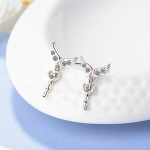Silver angel wing and heart key earrings with sparkling white cubic zirconia stones