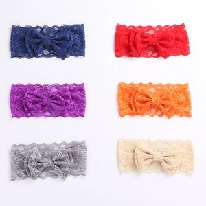Set of six colorful double-layer lace bow headbands for baby girls in vibrant shades