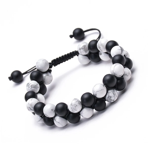Double Row Natural White Turquoise And Matte Black Agate Beads Bracelet Adjustable Braided Rope Handmade For Couples