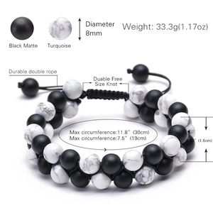 Double-layer adjustable bracelet with 8mm black matte stone and white turquoise beads