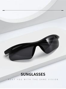 Detail view of black wrap-around sports sunglasses on white geometric display stand