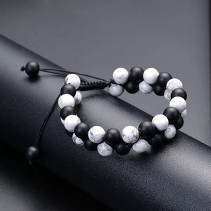 Double-layered natural matte black stone and white turquoise bead bracelet for men and women