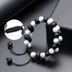Adjustable yin yang beaded bracelet with white turquoise and matte stones on nylon string
