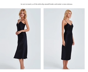 Détail d'une nuisette en satin noir montrant la texture soyeuse et la coupe mince en V