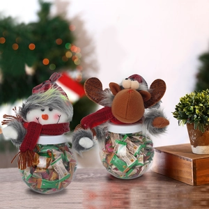 Christmas snowman and reindeer candy jars with festive plush hats and clear storage balls