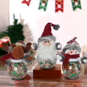 Christmas Candy Jar Plush Santa Snowman Reindeer Top Transparent Plastic Storage Bottle Holiday Party Table Decor