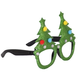 Detailed view of green glitter Christmas tree glasses with colorful pom-poms and rhinestones