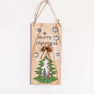 Hollow wood Merry Christmas sign with red deer, white snowflake and natural pinecones