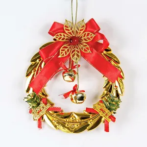 Christmas Wreath Hanging Ornament Gold Electroplated Plastic With Red Bow And Bells For Holiday Tree Home Party Decoration