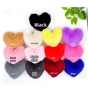 Detailed view of heart-shaped plush keychains in 13 vibrant assorted colors with metal hooks