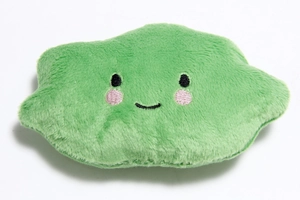 Close-up of a green cloud plush toy with embroidered facial features and soft fabric texture