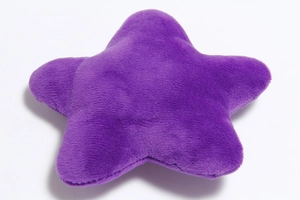 Detailed close-up of a purple star-shaped squeaky plush dog toy with soft fabric texture