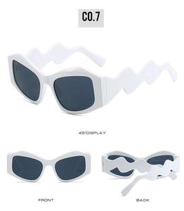 Detailed views of white irregular sunglasses featuring unique wavy temple design and dark lenses
