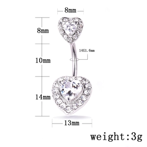 Detailed dimensions of silver heart belly ring with clear cubic zirconia inlay