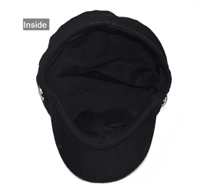 Detail view of the black octagonal hat interior showing neat stitching and silver buttons