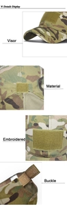Vue détaillée de la visière de la casquette tactique camouflage et de la boucle réglable