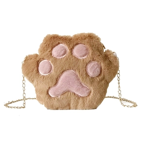 Cute cat paw plush crossbody bag with soft brown fur and golden chain strap