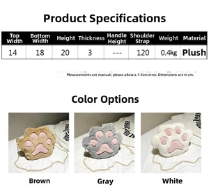 Detailed size chart and specifications for the plush cat paw crossbody bag
